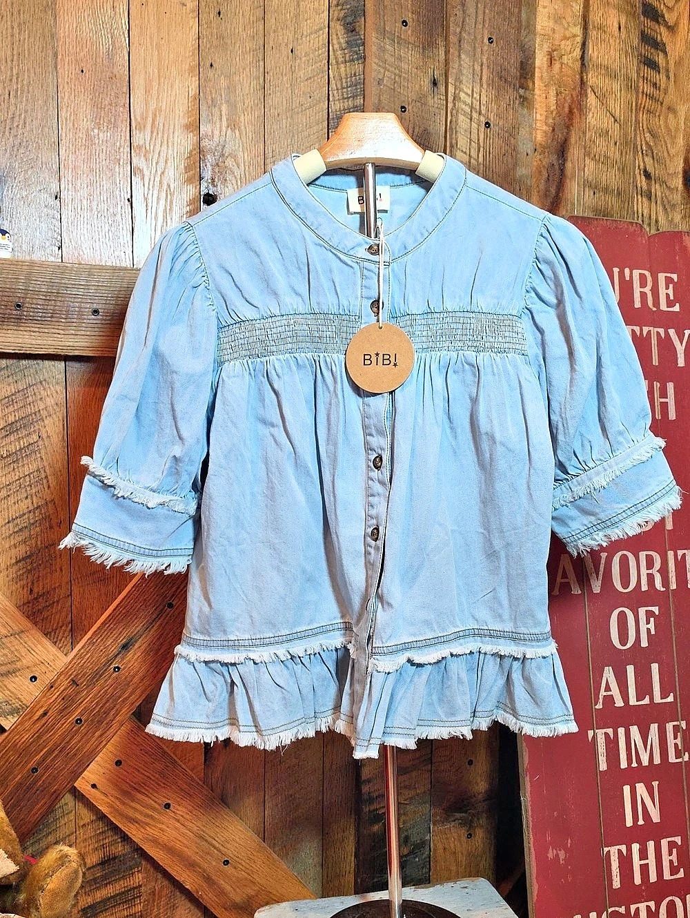 264p Bibi Ruffle Blouse in Blue Size Small NWT